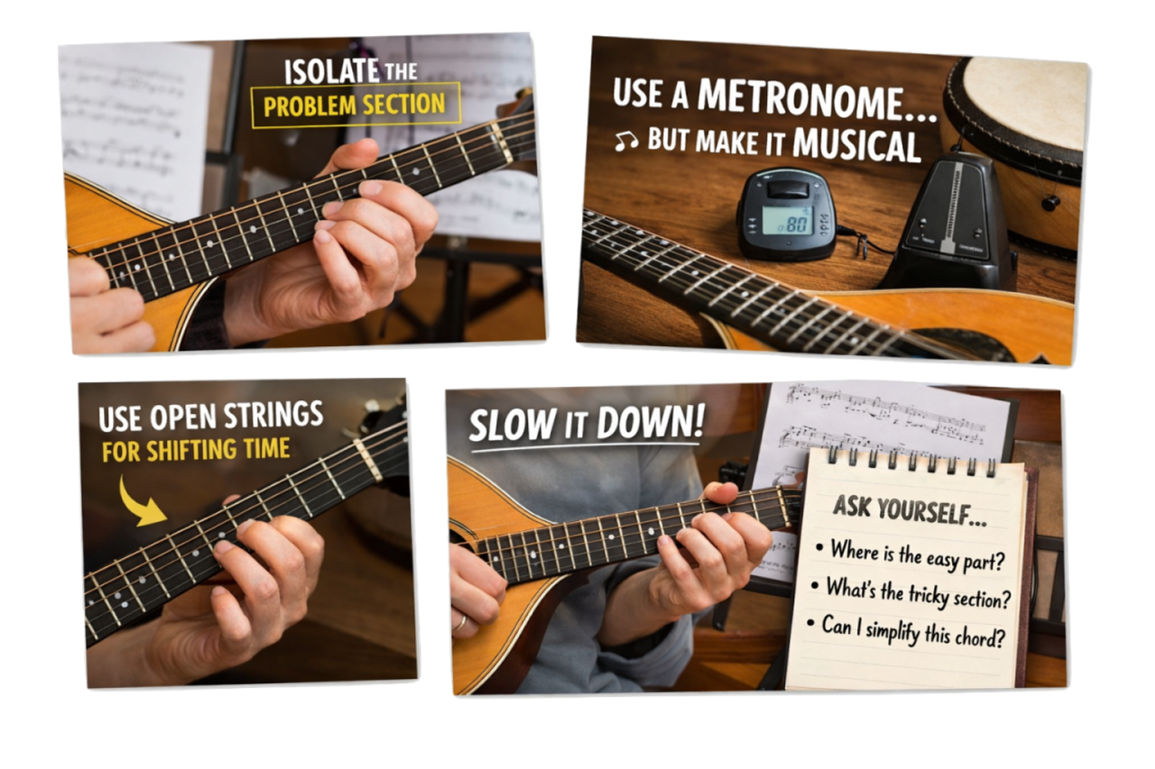 Irish bouzouki practice strategies graphic for Lord Inchiquin including isolate the problem section, use a metronome, open strings, and slow practice